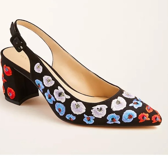 Ann Taylor Shoes - Ann Taylor Brielle Floral Embroidered Block Heel Slingbacks. Size 8, 3in Heel.